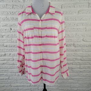 💕 Lane Bryant Womens Shirt 18 20 Button Up Collar Pink Yellow Linen